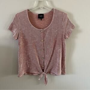 W5 Brown and White Vertical Strip Tie Front Top with Buttons Sz L